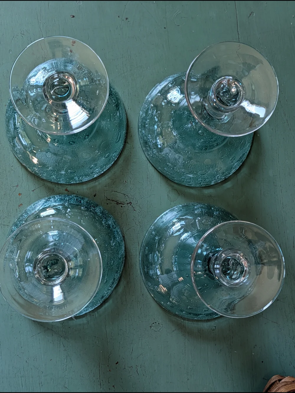Handblown Teal Bubble Glass Coupe Margarita Elegant Home Dining Glassware Set 4